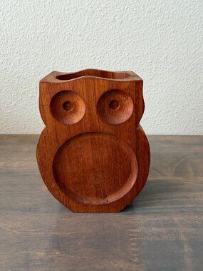 Vintage Kalmar Teak Wood Owl Figurine Pencil Cup Vase